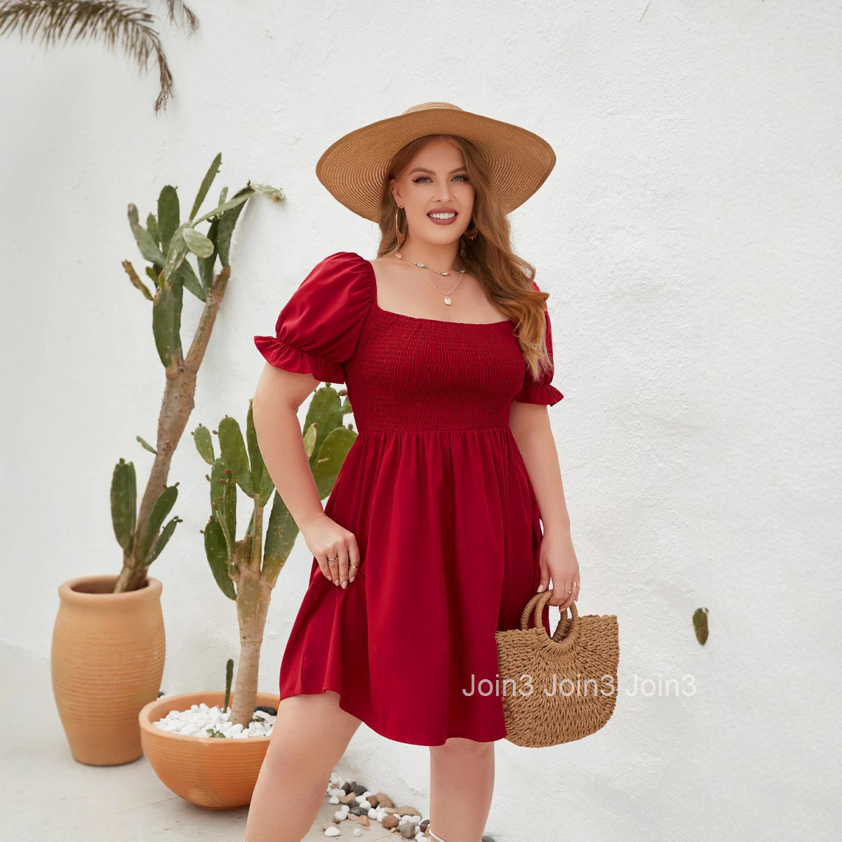 Large Womens Wear Large Solid Leisure Holiday Dress Travel Square Neck Wrap Bubble Sleeve Dress