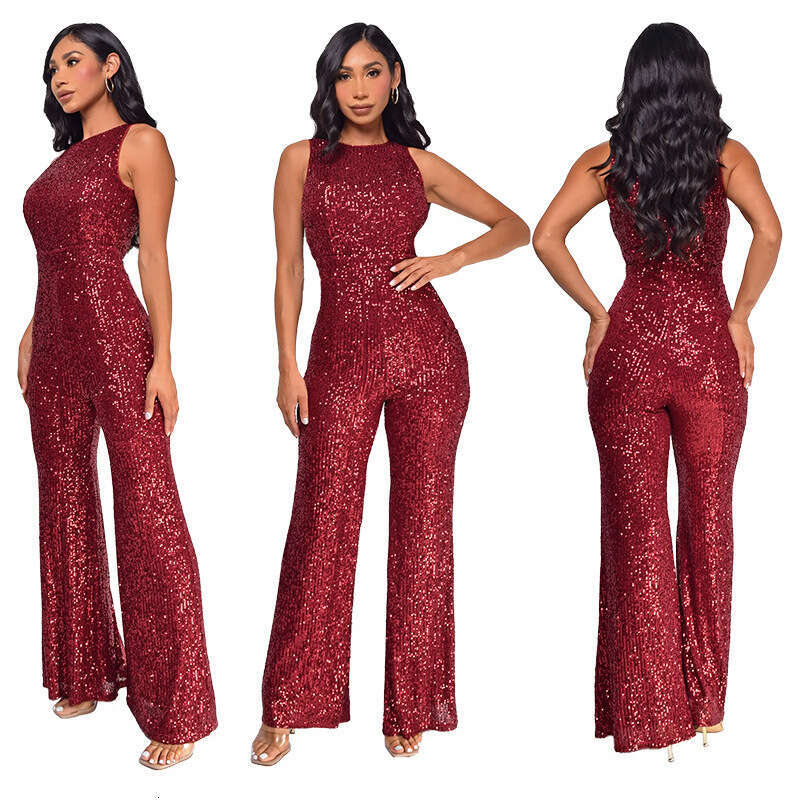 Wide Leg Jumpsuit Women S INS Sleeveless Fashionable Autumn And Winter High Waisted Sequined Jumpsuit Women S Jumpsuit