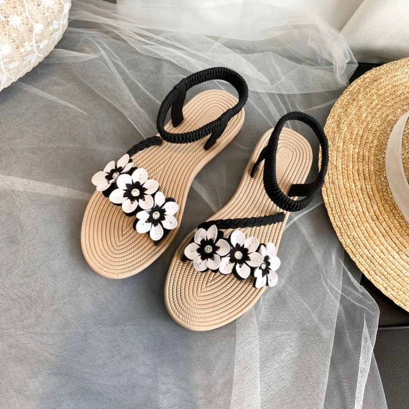 Summer Shoes Fashion Woman Sandals Flowers Mixed Colors Ankle Strap Flat Casual Beach Sandals Open Toe Women Shoes 250515