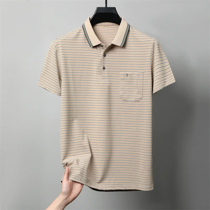 Mens Casual and Fashionable Striped Short Sleeved Polo Shirt Summer Comfortable Sweat Absorbing Breathable Versatile Top y250506