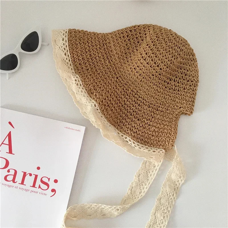 Womens Summer Straw Panama Hat with Lace Ribbon Ponytail Hole AntiUV Wide Brim Sunshade for Beach Travel Outdoor Fashion 250517