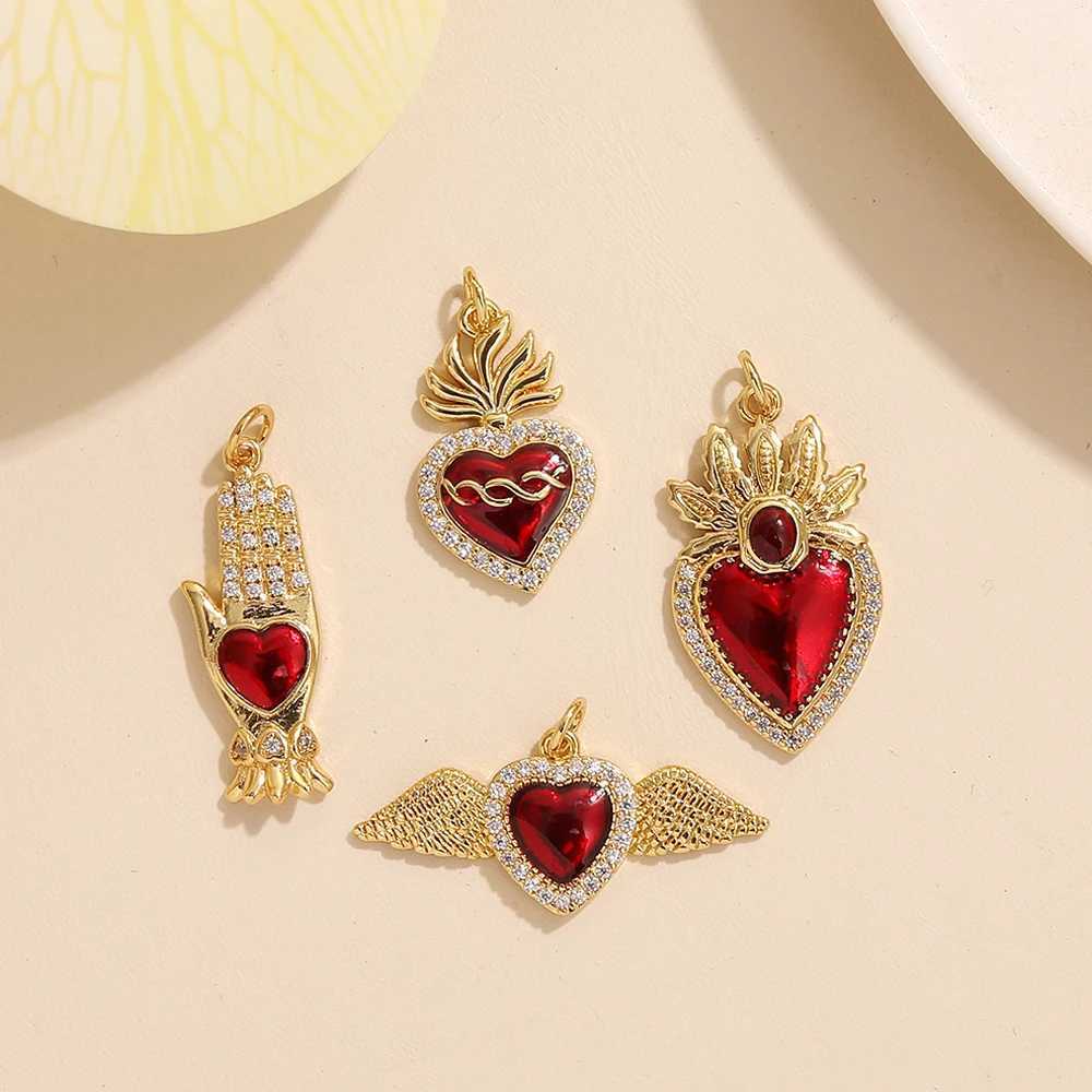 BenS New Sacred Red Heart Charms Victorian Zircon Charm Pendants 18k gold plated Wing pendants Jewelry accories P21XJ250517