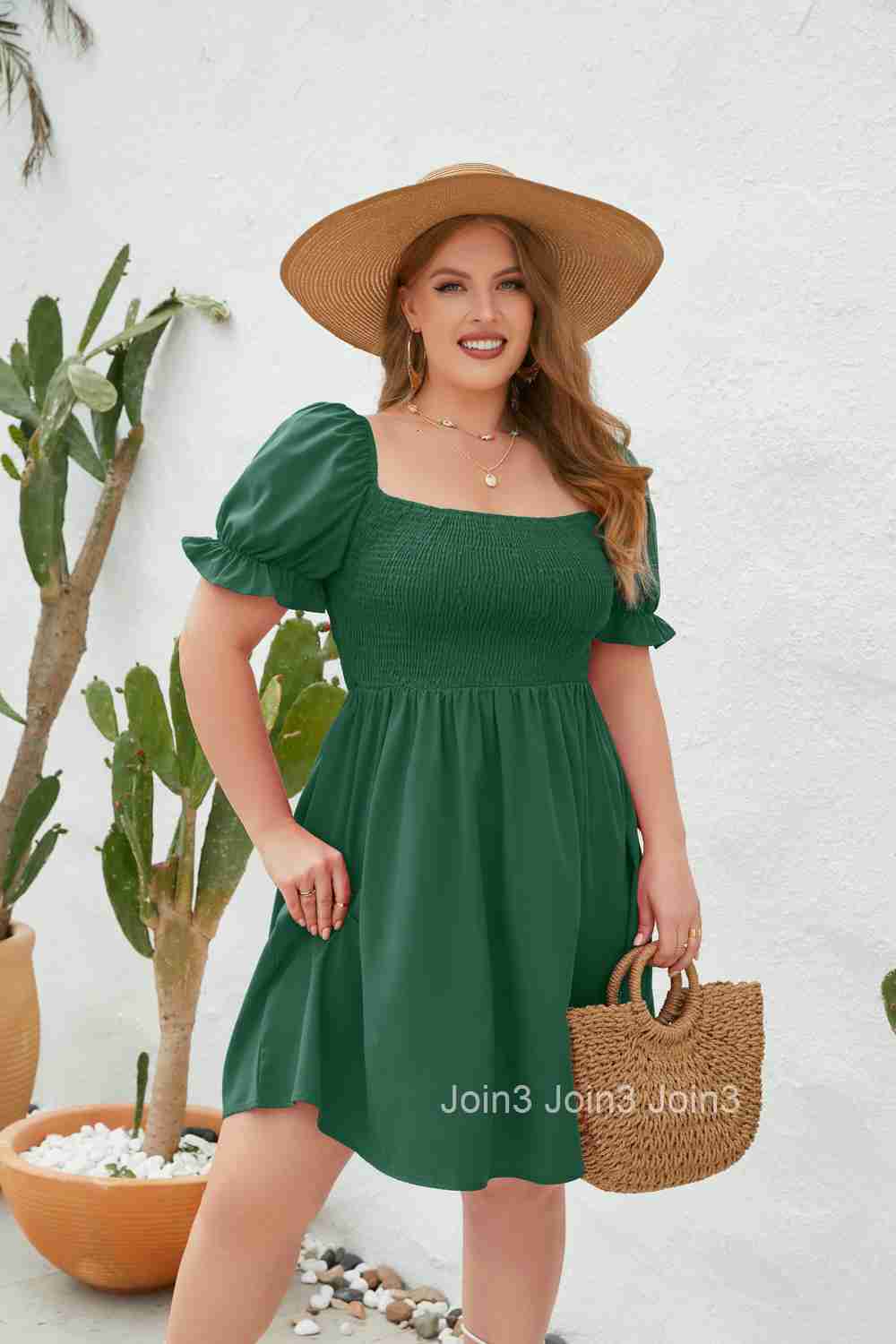 Large Womens Wear Large Solid Leisure Holiday Dress Travel Square Neck Wrap Bubble Sleeve Dress