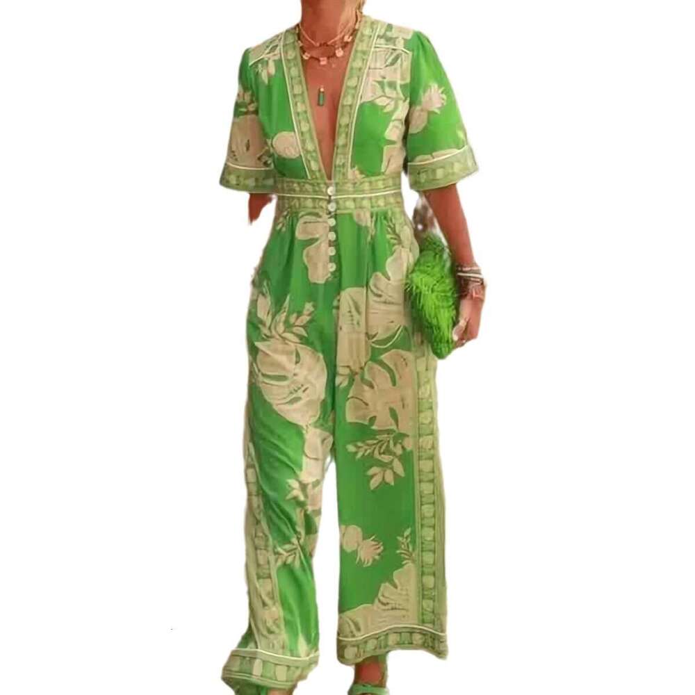 Wide Leg Jumpsuit Spring New Fashion Women S Printed Jumpsuit V Neck Short Sleeved Women