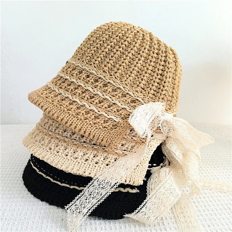 Summer Hats Women Straw Hat Lace knot fisherman cap Bucket Hat Anti-UV Sunscreen Hat Folding Hollow Visor Cap Gift Sun Hat 250516