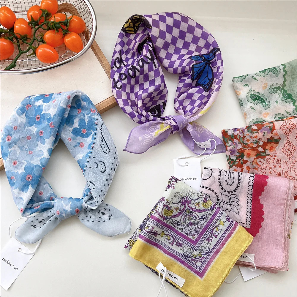 55cm Girls Cotton Linen Ladies Square Scarf for Women Korean Chic Headband Fashion Decorative Hairband Floral Scarf Accessorries 250516