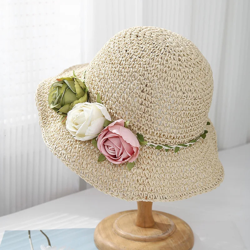 Womens Summer Hat Flower Straw Sun Lady Breathable Sunshade Foldable Seaside Holiday Beach Accessories Korean Style 250517