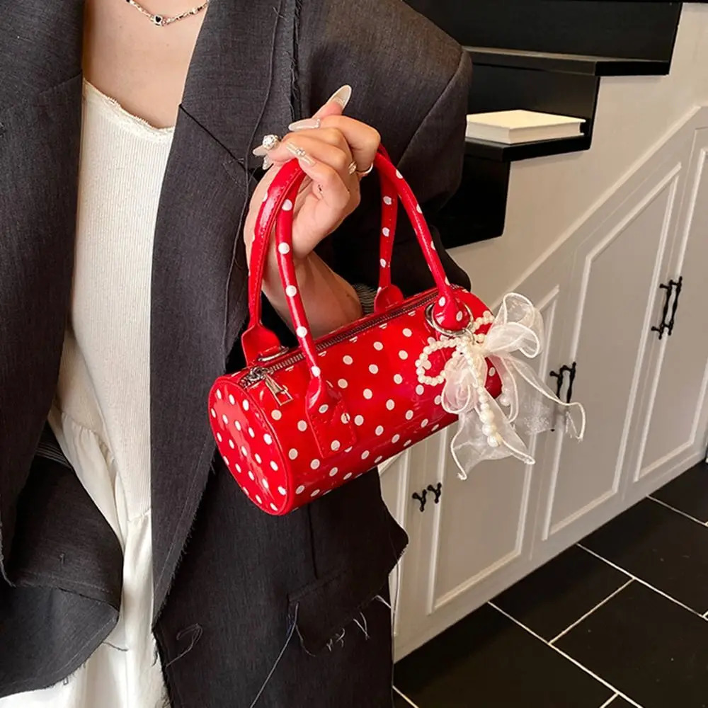 PU Leather Women Cylindrical Bag Versatile Adjustable Strap Polka Dot Handbag Waterproof Korean Style Crossbody Bag Girls 250516