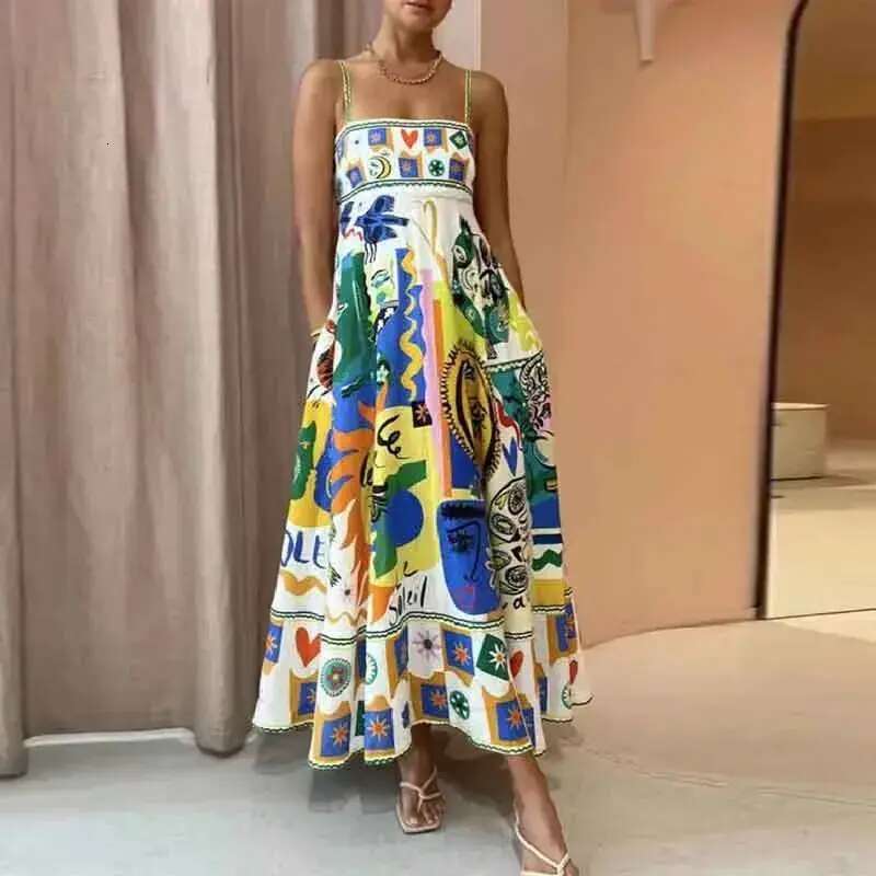 Basic Casual Dresses Elegant Print Colorful Long Dress Women High Waist Straps Backless Sexy Ladies Summer Beach Vaction Robe designer bag