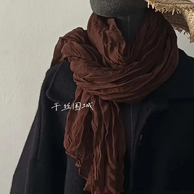 Solid Color Cotton Linen Hand Feel Scarf Retro Autumn Winter Pleated Green Thin Strip Shawl Mens Womens Thermal Silk 250517