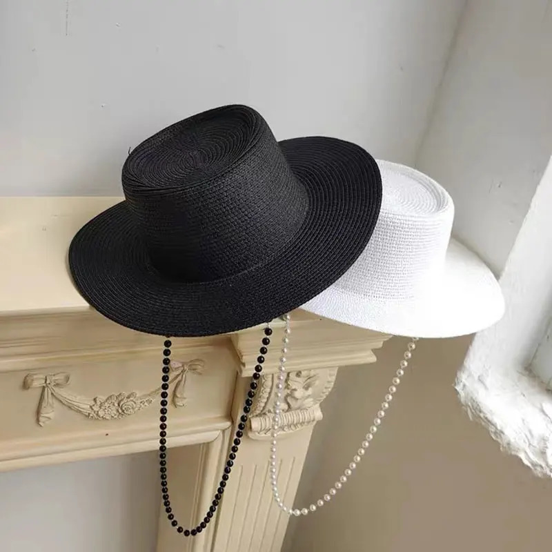 Summer Hepburn Style Pearl Chain Vintage Concave Top n Straw Hat For Women Girls Beach Holiday Sun Caps Fashion Fedora 250517