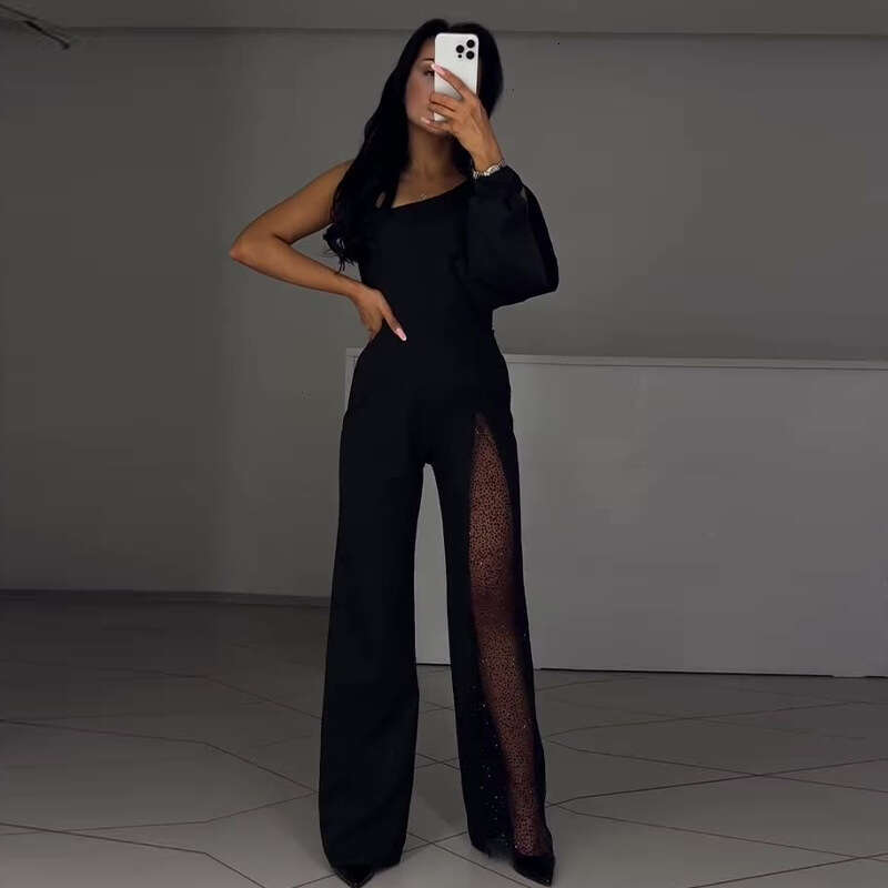 Wide Leg Jumpsuit Autumn New Women S Slant Neck Design With Perspective Mesh Splicing Jumpsuit