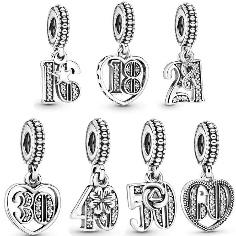 DIY Women Jewelry 16-60th Celebration Lucky Pendant Charm Bead Fit Original 925 Sterling Silver Europeans Bracelet Necklace GiftXJ250517