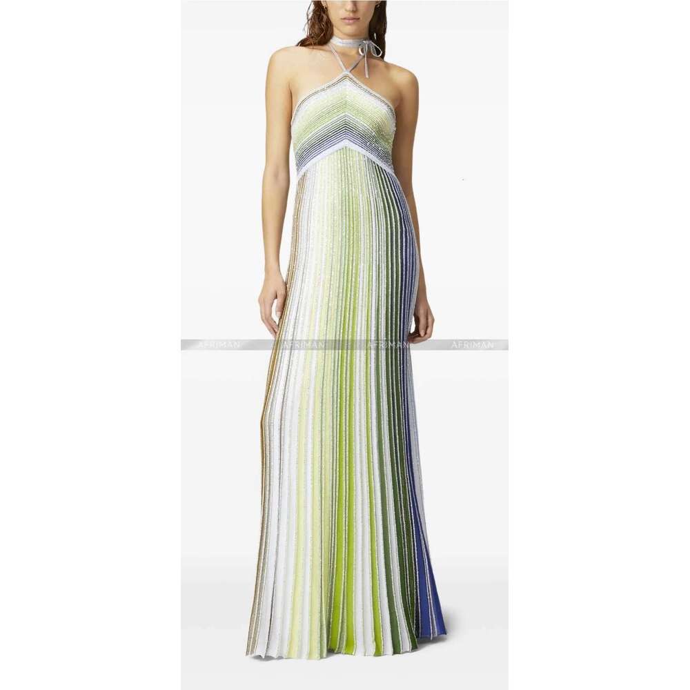 Women Metallic Sequined Striped Halter Neck Sleeveless Maxi Long Dress
