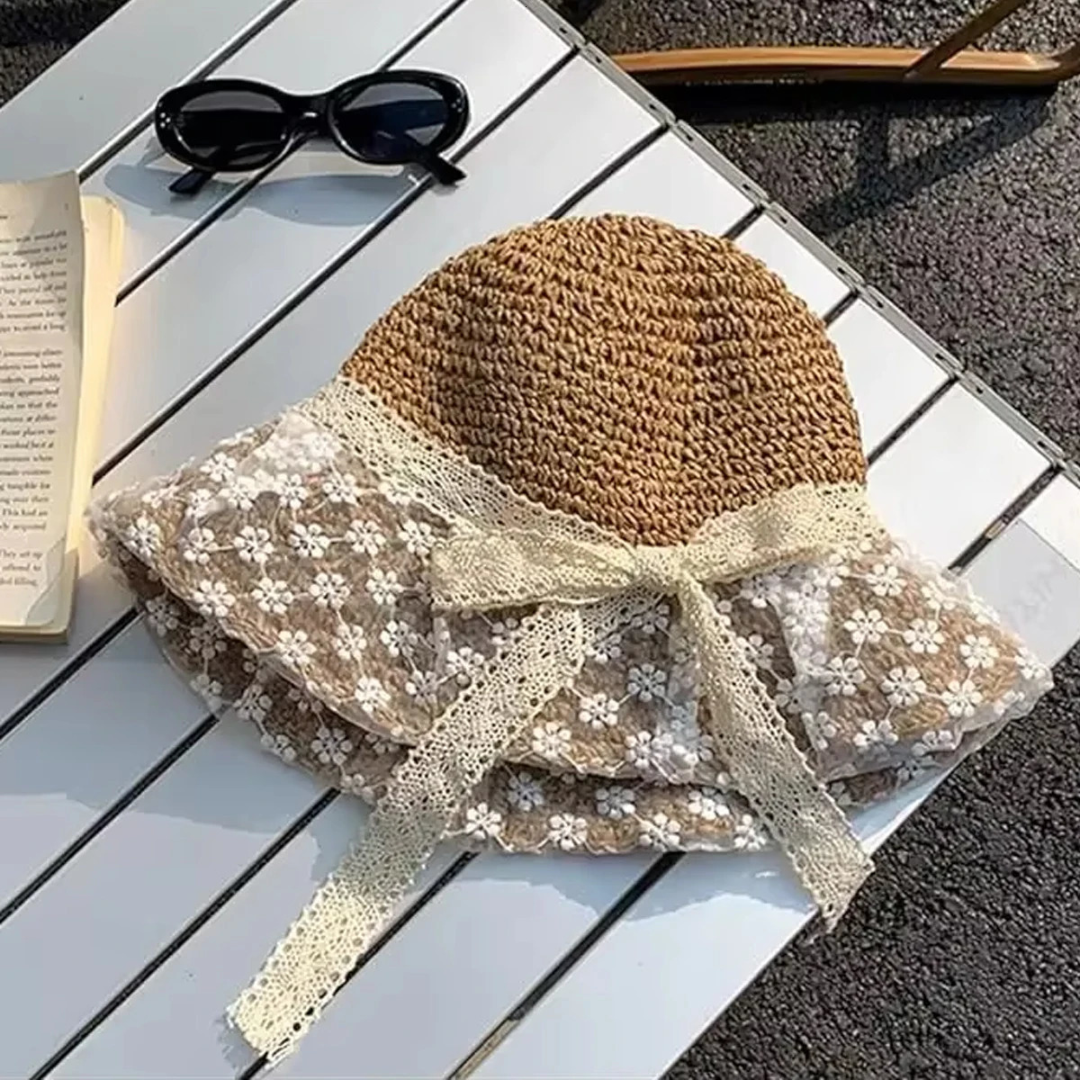 Wide Brim Sun Protection Straw Bucket Hat for Women Hand Woven Floral Lace Straw Hat Perfect For Beach Travel 250516