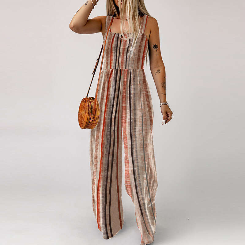 Wide Leg Jumpsuit Summer New Striped Color Blocked Sleeveless Casual Loose High Waisted Wide Leg Jumpsuit For Women