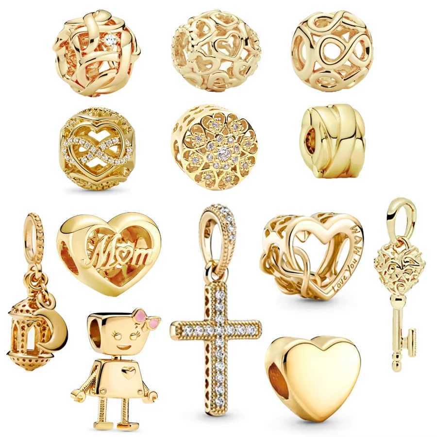 NEW Gold Plated Sparkling Cross Infinity Heart Dangle Charm Baed Fit Original 925 Sterling Silver Bracelet DIY JewelryXJ250517