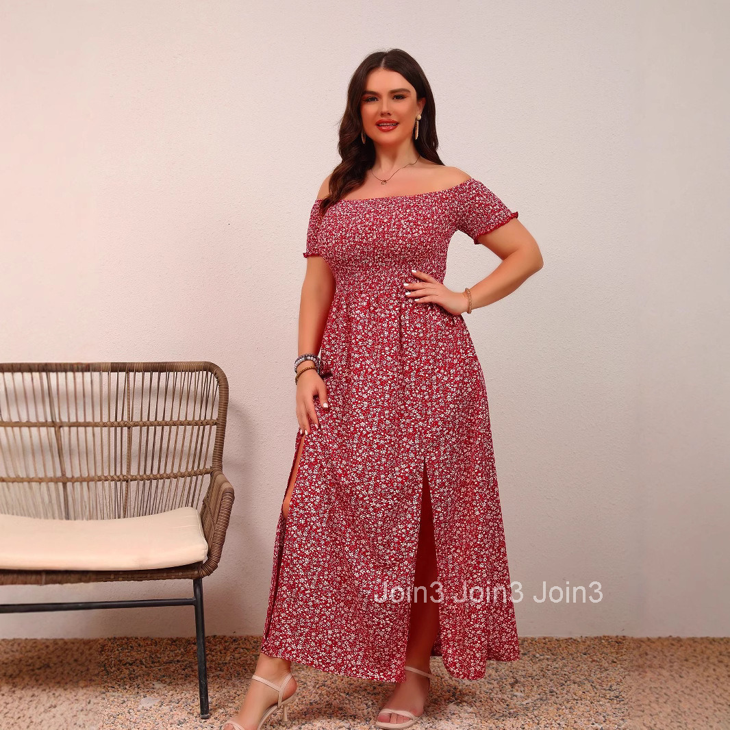 Womens Large Casual Bohemian Print Off Shoulder Herringbone Neck Split Dress Long Small Floral Skirt