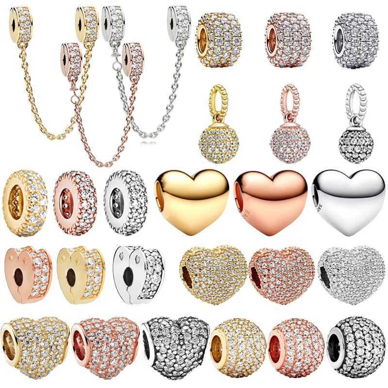 Sparkling Gold Rose Gold Series Security Chain Heart Charm Bead Fit Original European 925 Silver Bracelet DIY Women Jewelry GiftXJ250517