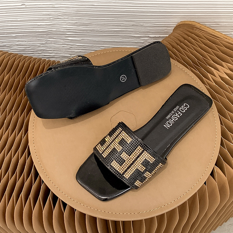 Large Size Designer Square Toe Rhinestone Sandals, Outdoor One Line Flat Bottom Outerwear Slippers, Fashionable Women's Sandals
