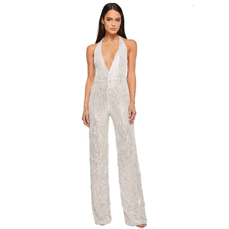 Wide Leg Jumpsuit INS Style Deep V Backless Spicy Girl Sleeveless Tassel Hanging Neck Sequin Jumpsuit Women S Clothing