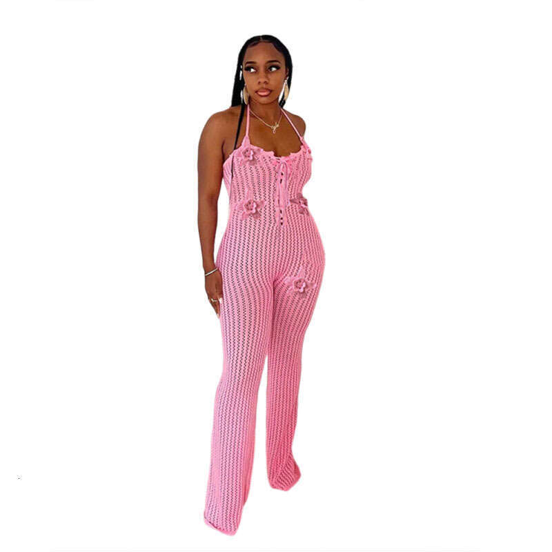 Wide Leg Jumpsuit Spring New Women S Sexy Hollow Perspective High Waist Bareback Hanging Neck Knitted Jumpsuit