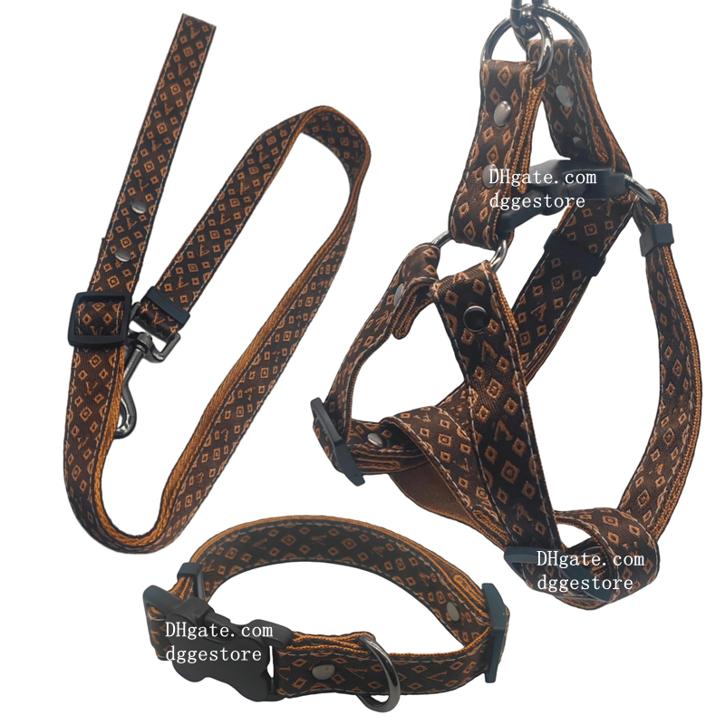 Designer Dog Harness Collar and Leash, Step in Dog Harness, Strong Hardware, Classic Jacquard Letter Pattern Nylon Dog Collars for Small Medium and Large Dogs, Brown B276