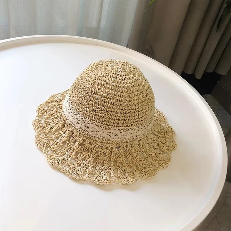 Womens Summer Crochet Straw Bucket Hat - Hollow Out Lace-Up n UV Protection Foldable Sun Cap for Beach Outdoor Fashion 250516