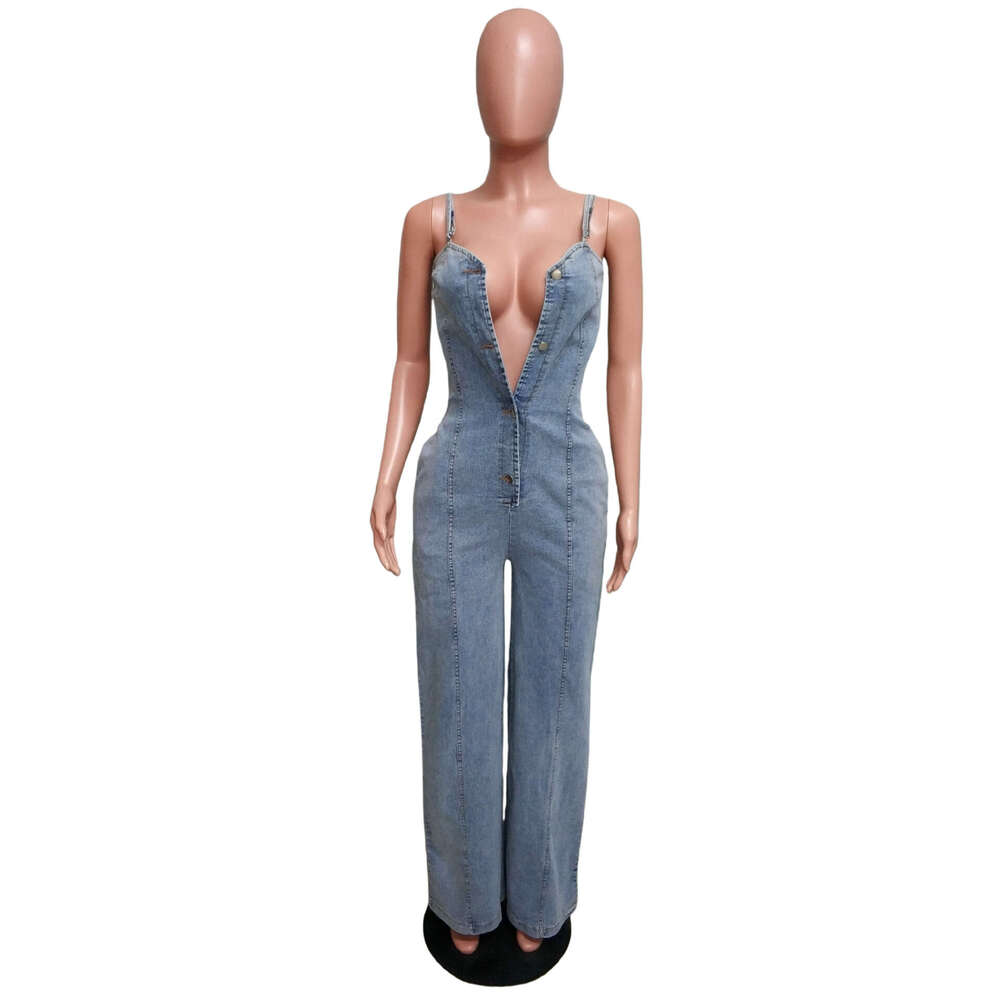 6988 platform women's fashion casual sexy suspender denim jumpsuit wide leg pants