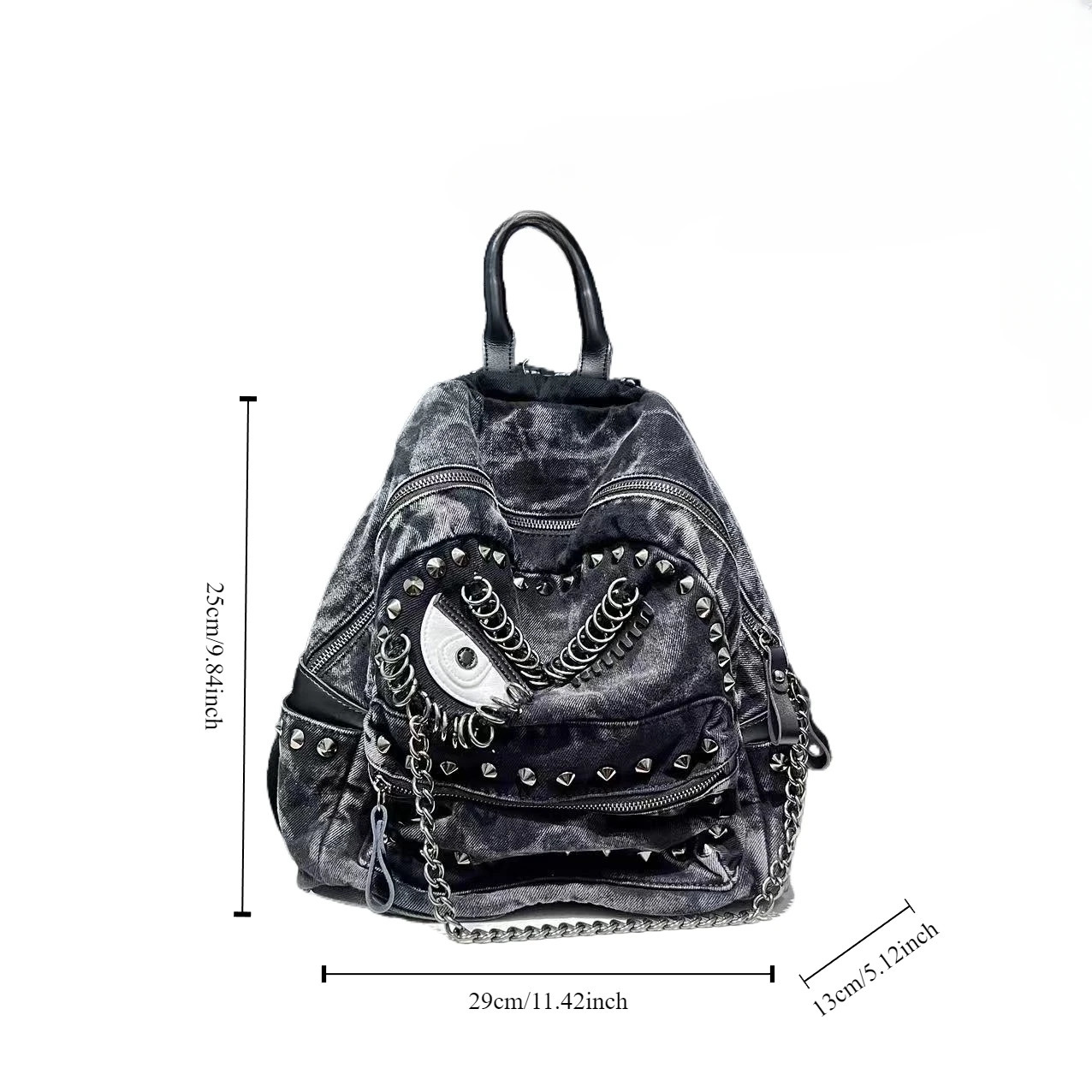 Womens Fashion Steampunk Denim Backpack Large Capacity Rivet Chain Shoulder Handbag 250514