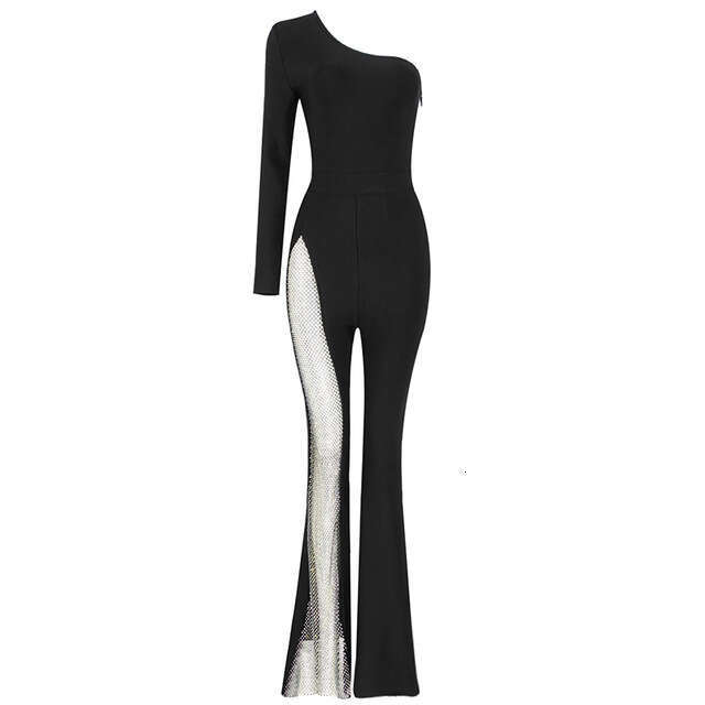 Wide Leg Jumpsuit Women S Sexy Bandage Long Wide Leg Dia Studded Mesh Casual Pants Single Sleeved Jumpsuit