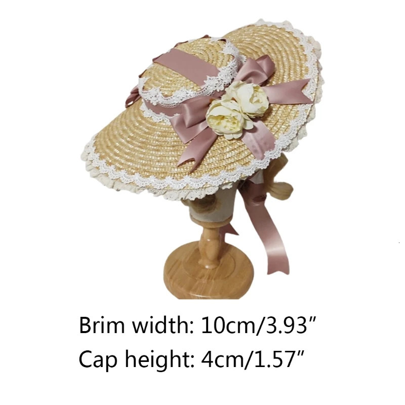 Japanese Lolita Sweet Handmade Straw Sun Hat Lace Patchwork Ribbon Bandage Bowknot Wide Brim Elegant Tea Party Beach Flat D0LF 250516