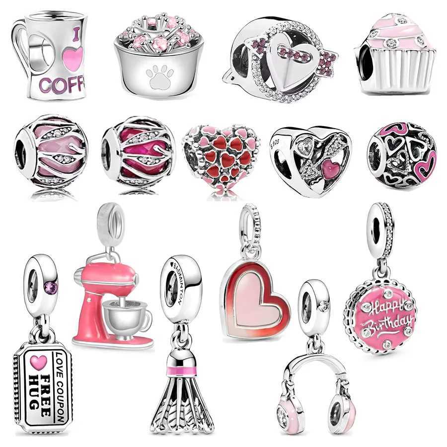 Pink Cupcake Pet Food Bowl Headphones Badminton Dangle Beads Fit Original 925 Sterling Silver Bracelet DIY Charm JewelryXJ250517