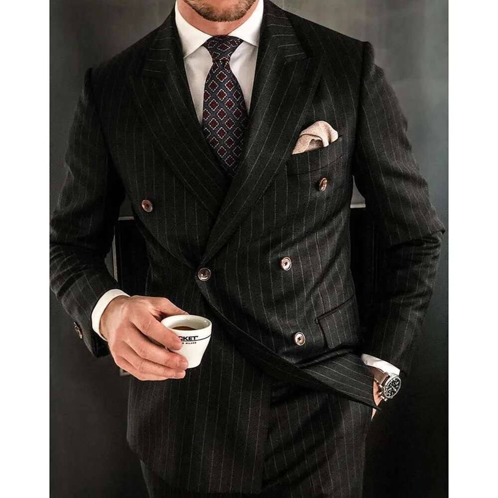 Black Men Suits Regular Length Double Breasted Peak Lapel Flat Front 2 Piece Jacket Pants Elegant Male Clothing Terno Designer
