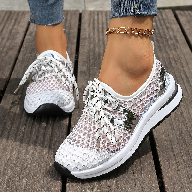 Hollow Mesh Breathable Sneakers for Women 2025 Summer Lightweight Slip On Sports Shoes Woman Plus Size Fashion Platform Sneakers 250515