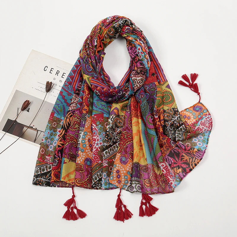 Elegant Floral Printed Hijab Cotton Viscose Tassel Shawl For Woman Fashion Beach Long Scarf Ladies Flower Headscarf 185100cm 250517