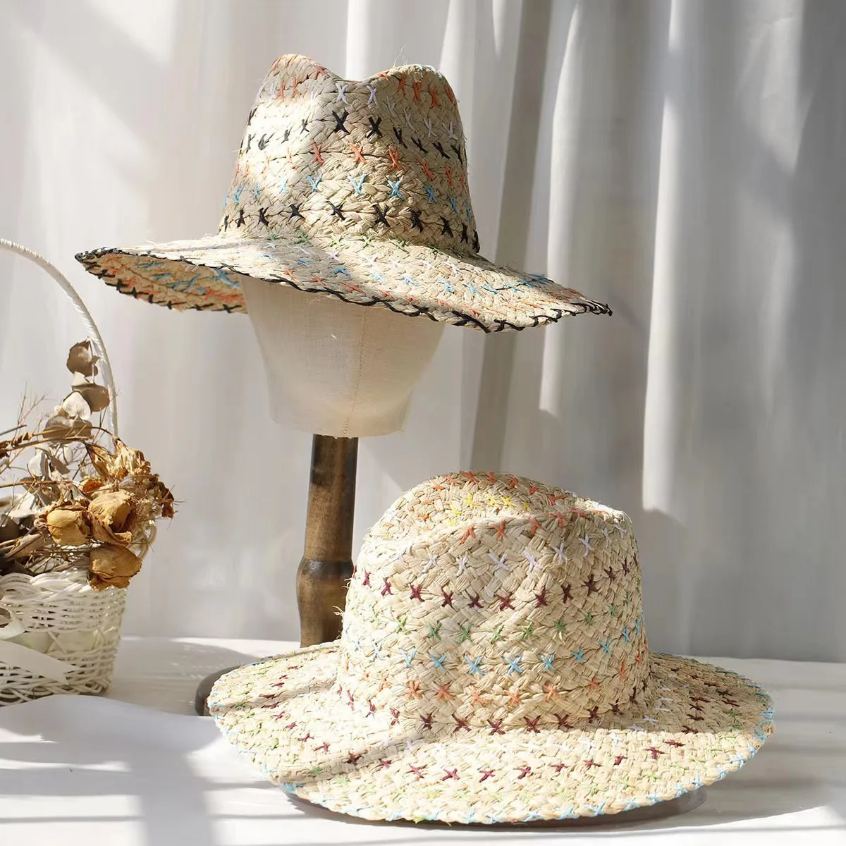 Raffia straw hat for women Bohemian colorful stitched straw hat ladies vacation sun hat beach summer vacation jazz hat panama 250516