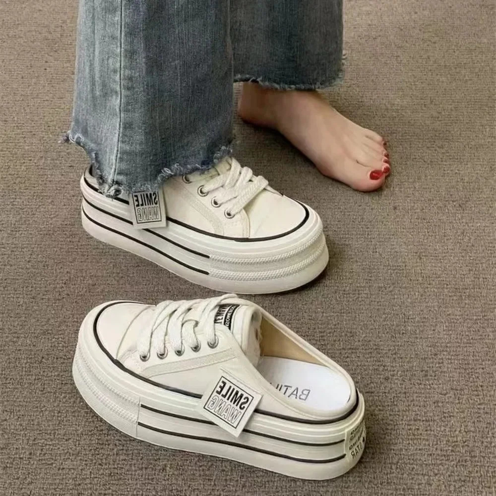 Summer Thick Soles Increase Slippers Trend All Lazy People A Slip-on Half Drag Fashion Casual Canvas Shoes Women 250515
