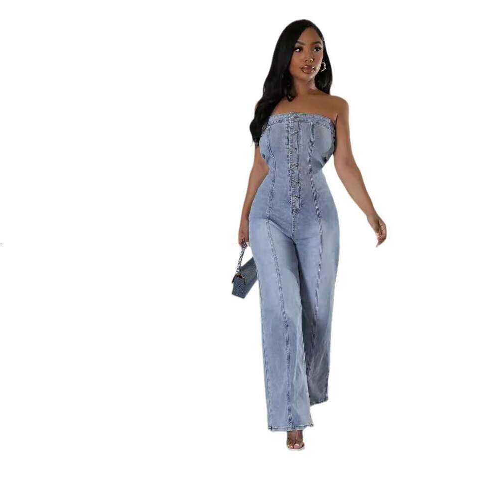 Wide Leg Jumpsuit Cowboy Women New Slim Fit Strapless Wide Leg Pants Washed Elastic Jumpsuit