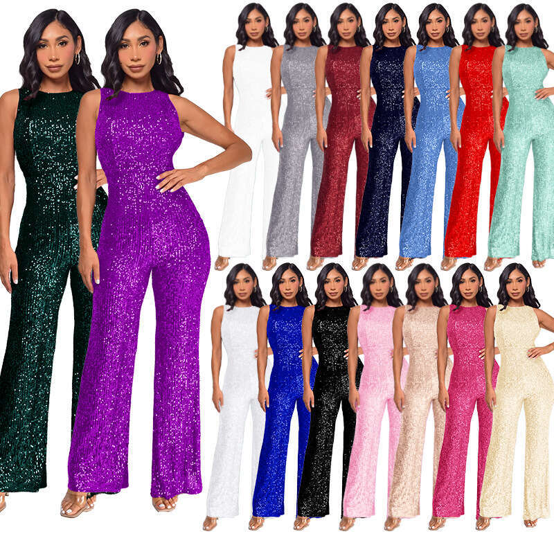 Wide Leg Jumpsuit New Women S Waist Cinched With Sequins Wide Leg Sleeveless Jumpsuit For Women Exuding A Sense Of