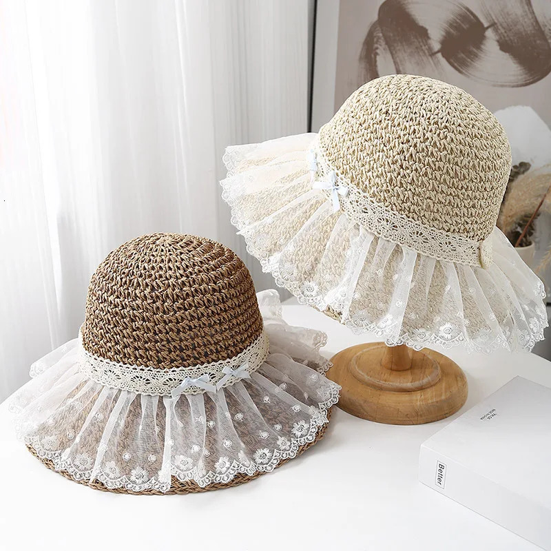 Womens Summer Hat Lace Bow Straw Sun Hat Fisherman Cap Wide Brim Sunscreen Bucket Hat Seaside Holiday Beach Accessories 250516