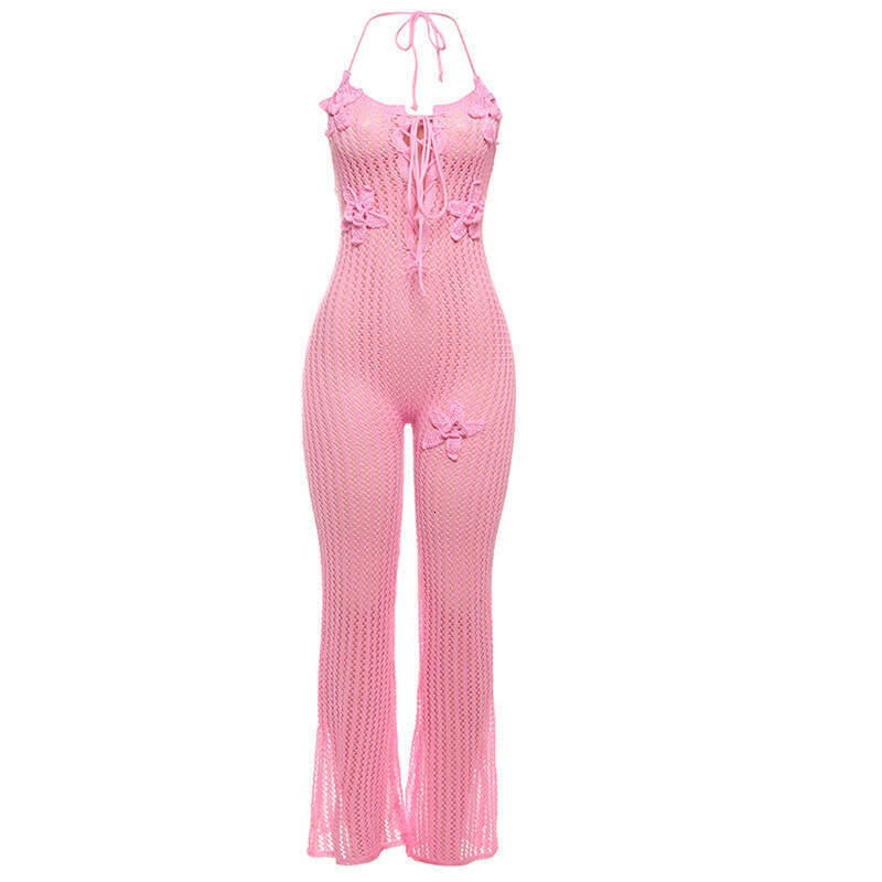 Wide Leg Jumpsuit Spring New Women S Sexy Hollow Perspective High Waist Bareback Hanging Neck Knitted Jumpsuit