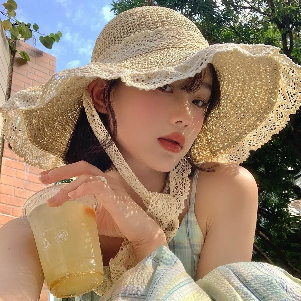 Lace lace beach hat straw hat with curled edges and hollowed out Lafite sun hat large brim 250516