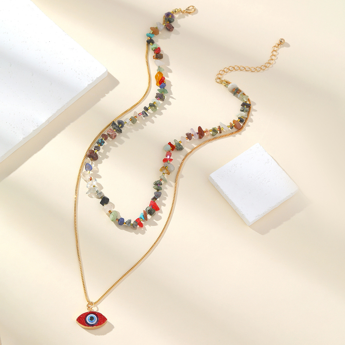 Pink heart-shaped necklace, multi-layer titanium steel devil's eye collarbone chain, colorful stone necklace