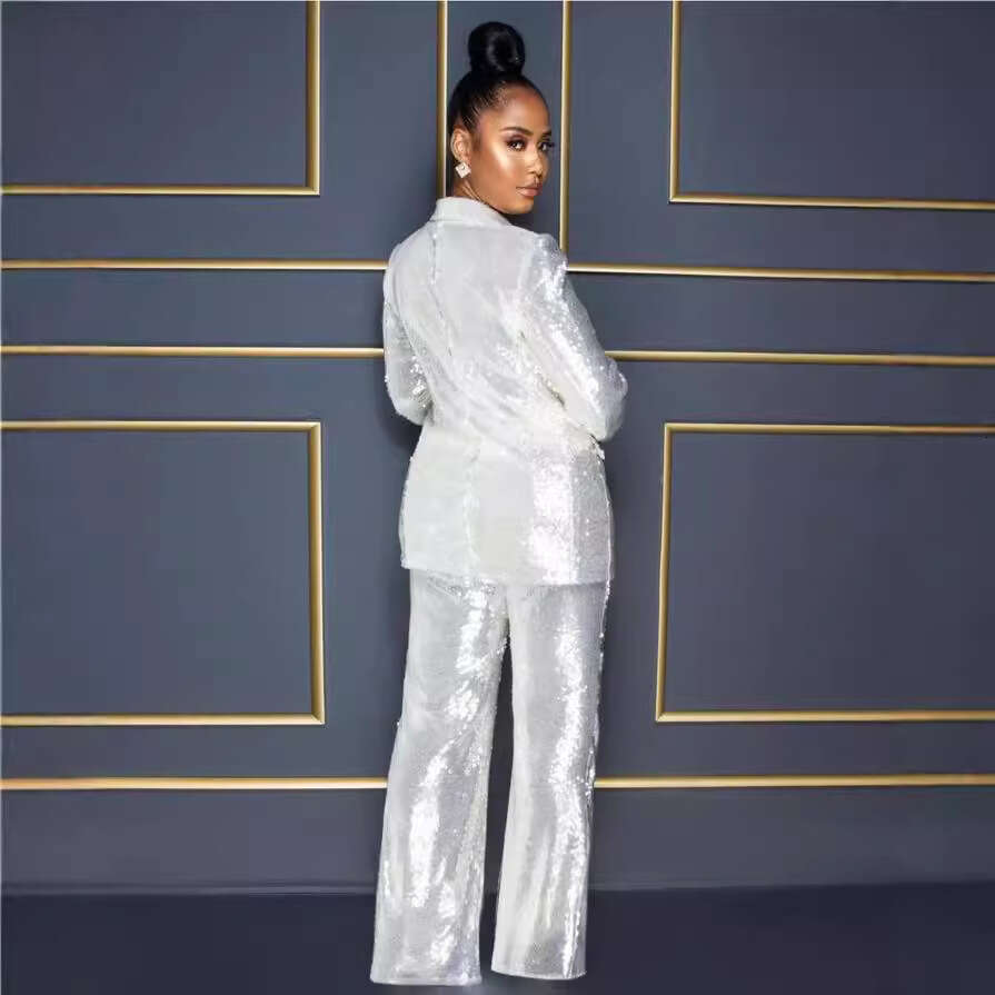 Wide Leg Jumpsuit Summer New Women S Long Sleeved V Neck Sequined Jumpsuit Two Piece Set