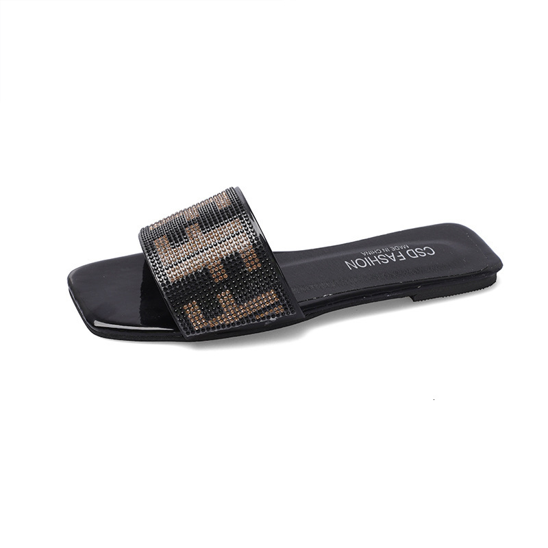 Large Size Designer Square Toe Rhinestone Sandals, Outdoor One Line Flat Bottom Outerwear Slippers, Fashionable Women's Sandals