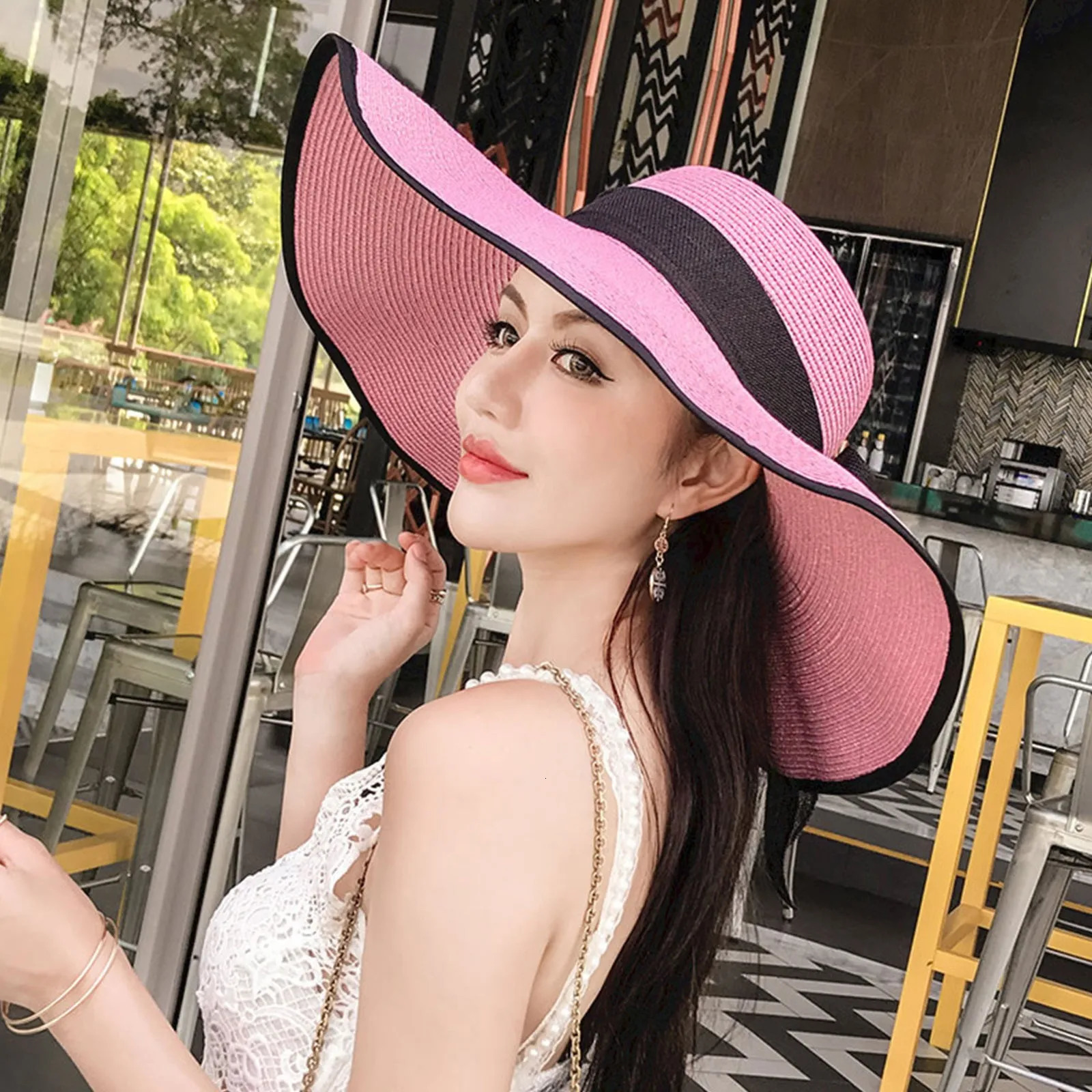 Summer Women Straw Hat Bowknot Wide Brim Floppy Foldable Panama Hats Adult Outdoor Sun Protection Flat Top Ribbon Beach Cap 250517