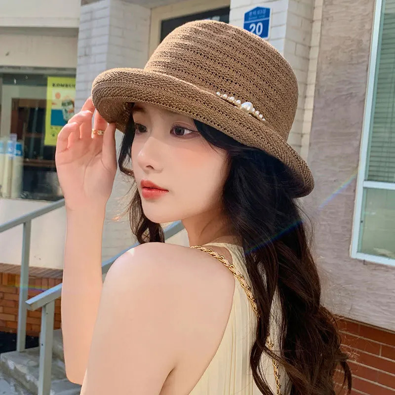 A Fishermans Hat with Upturned Edges Casual Pearl Sun Protection and Shading Japanesestyle for Spring Summer 250517