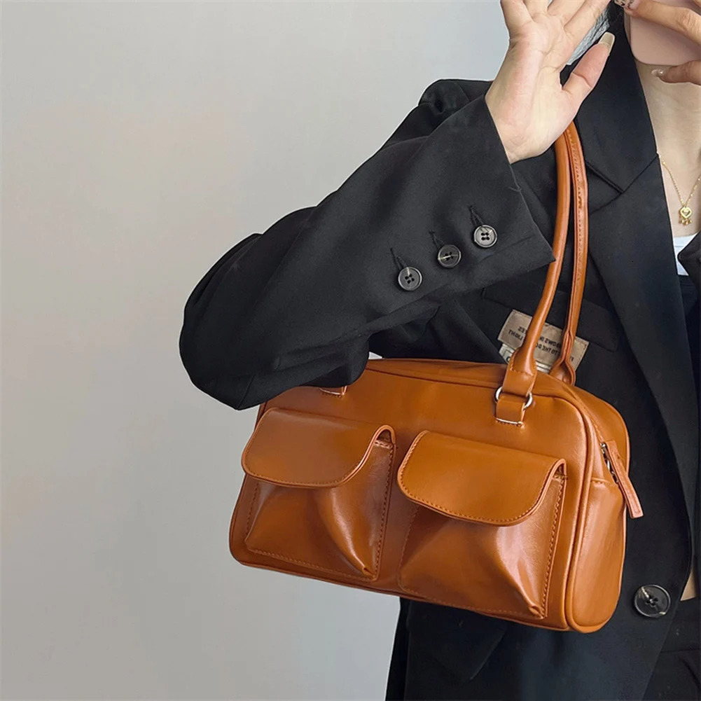 Retro Womens Satchel Hobo Bag PU Leather Shopping Bag Fashion Solid Armpit Bag Casual Double Pocket Hand Underarm Bag 250515
