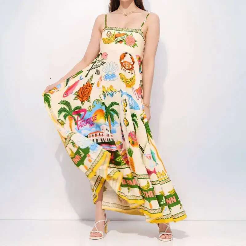 Basic Casual Dresses Elegant Print Colorful Long Dress Women High Waist Straps Backless Sexy Ladies Summer Beach Vaction Robe designer bag
